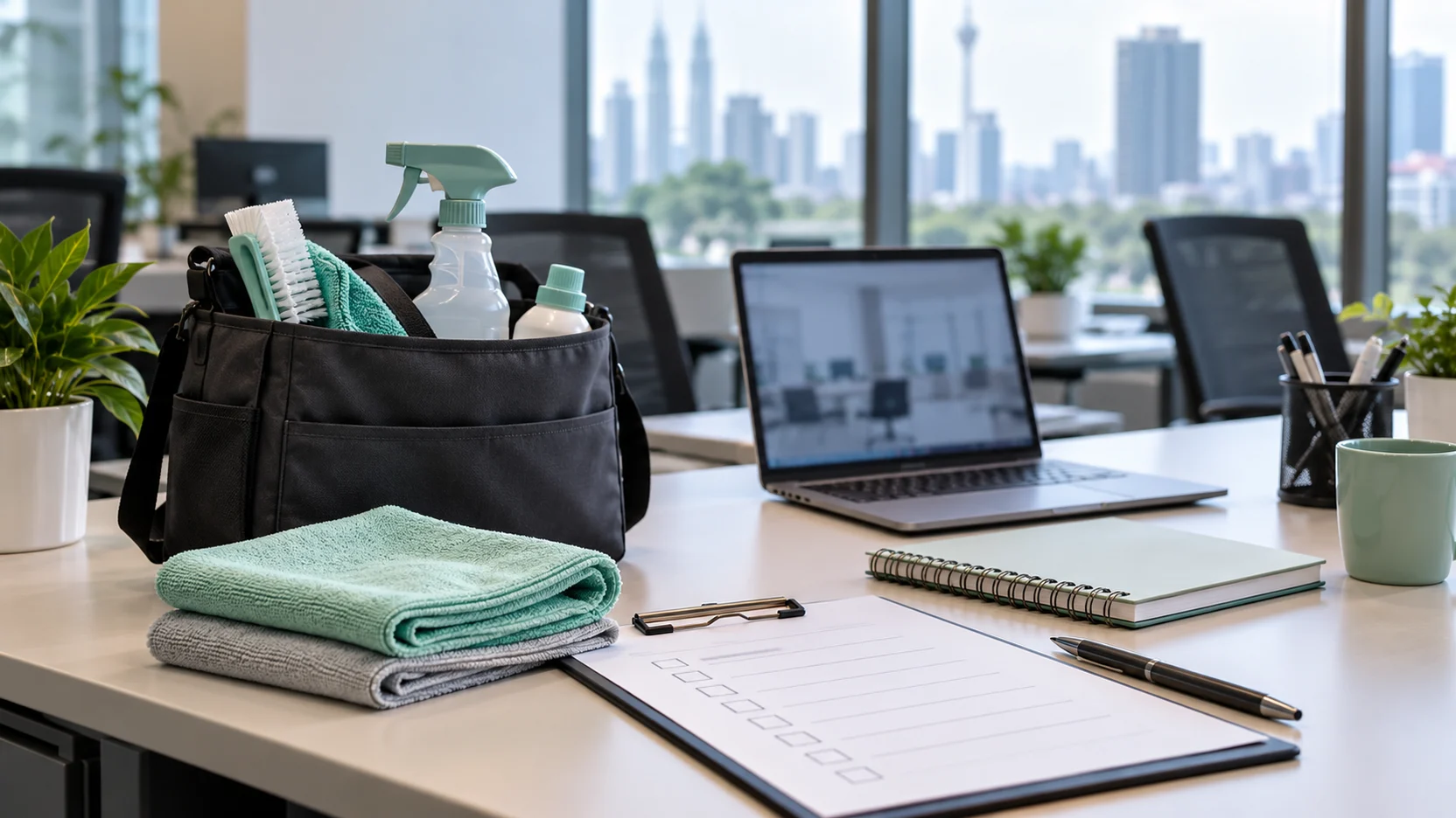 Office-cleaning planning materials, folded cloths and a blurred laptop in a bright business office.