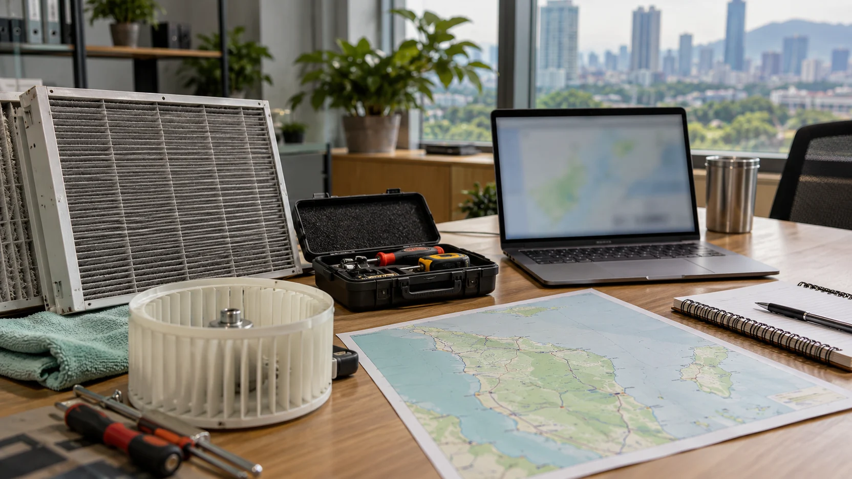 Air-conditioning components, a toolkit, an unlabeled map and a blurred laptop prepared for service planning.