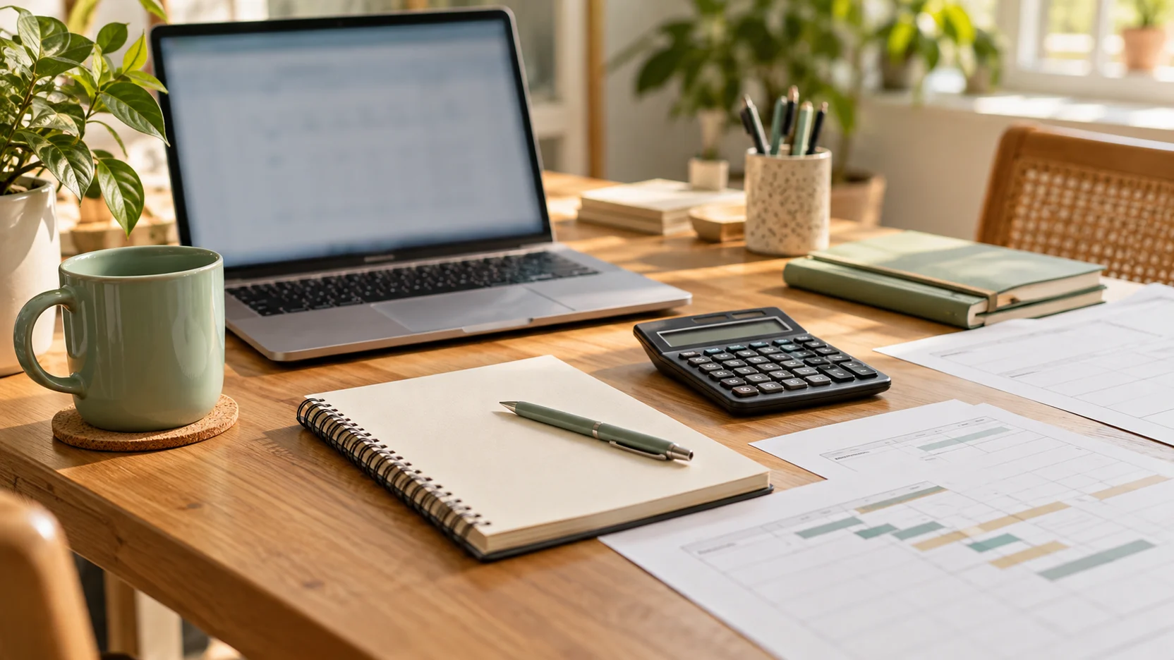 A calculator, notebook and planning sheets beside a blurred laptop for software-project planning.