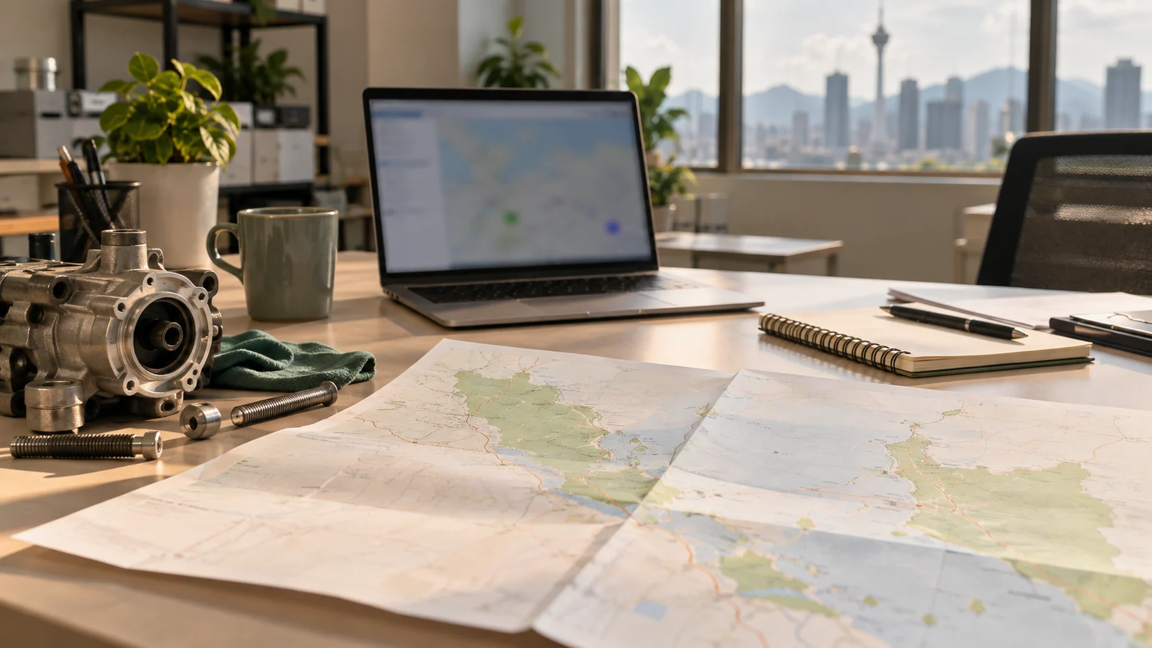Equipment-servicing components and an unlabeled location map prepared for branch-service planning.