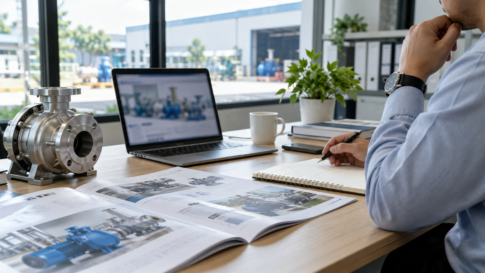 A pump component, catalogue images and notebook beside a blurred laptop in an industrial office.