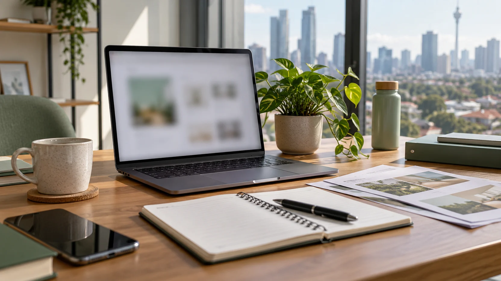 A contextual business planning desk with a blurred laptop, notebook and daylight overlooking Kuala Lumpur.
