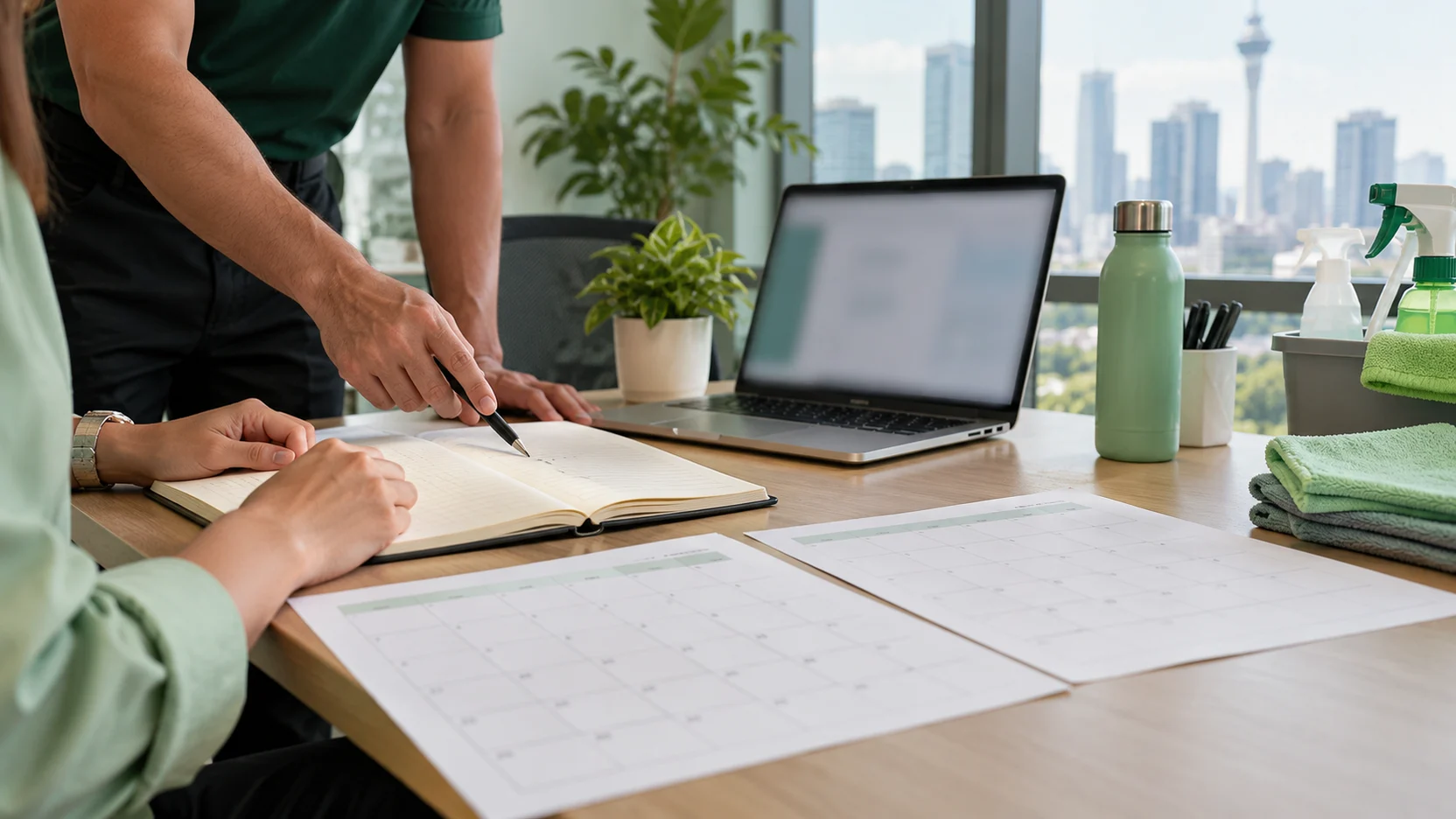 Office-cleaning planning notes, plain calendar sheets and a blurred laptop prepared for repeat reviews.