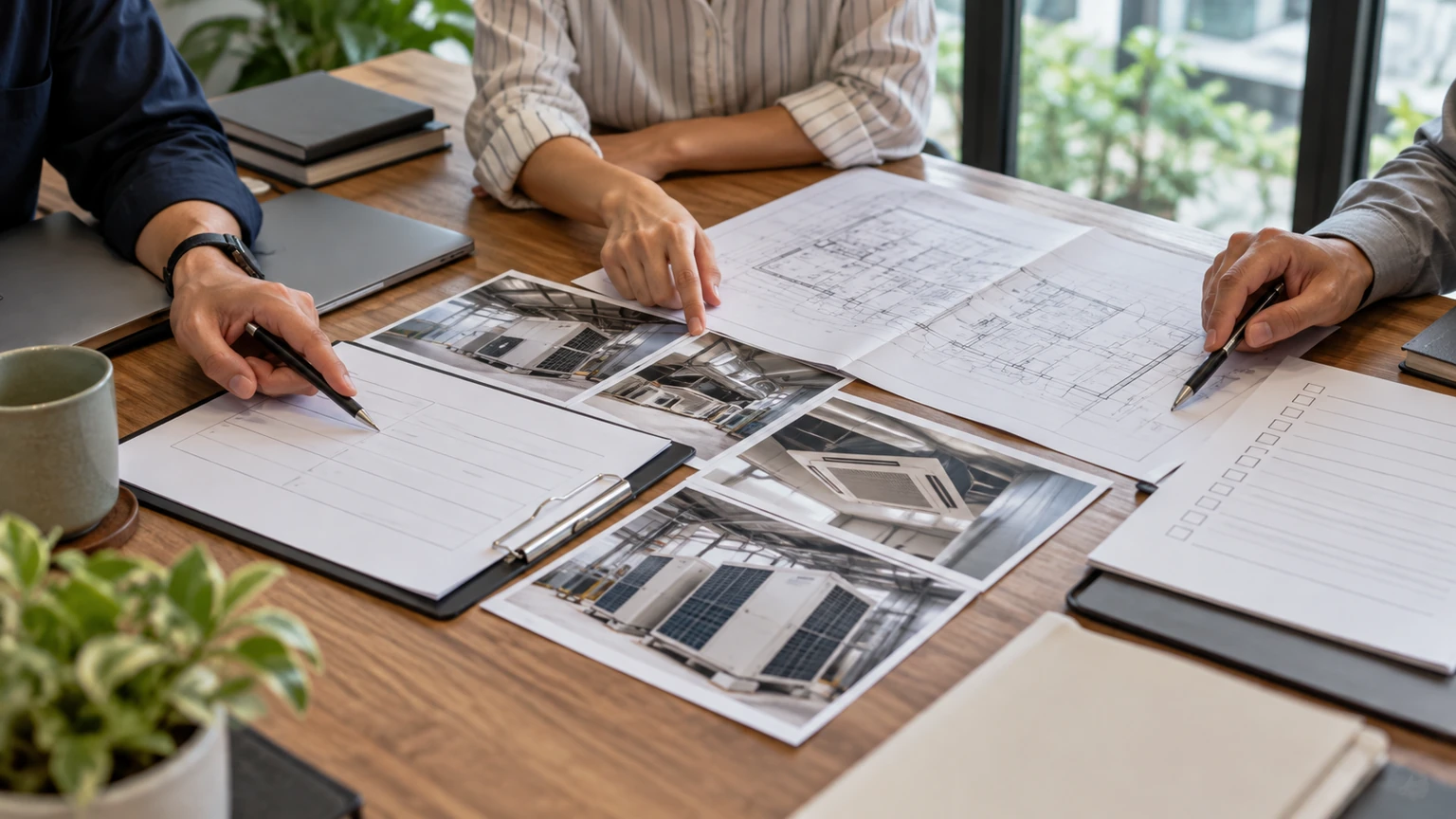 Site-information forms, equipment photographs and floor plan reviewed by a business team.