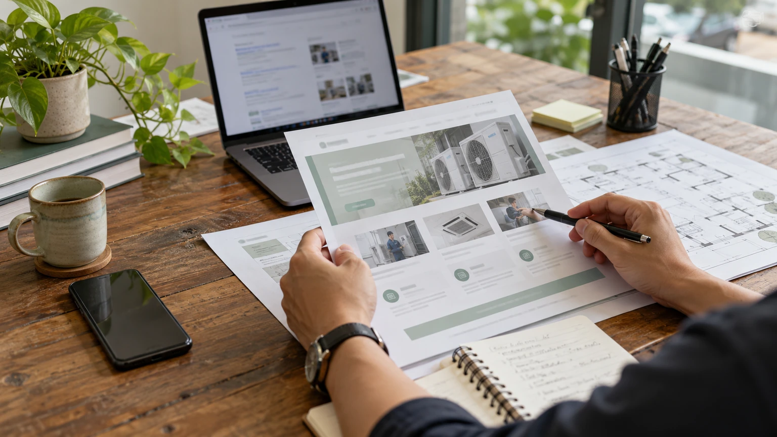 Printed maintenance service-page draft and search results reviewed beside a commercial site plan.