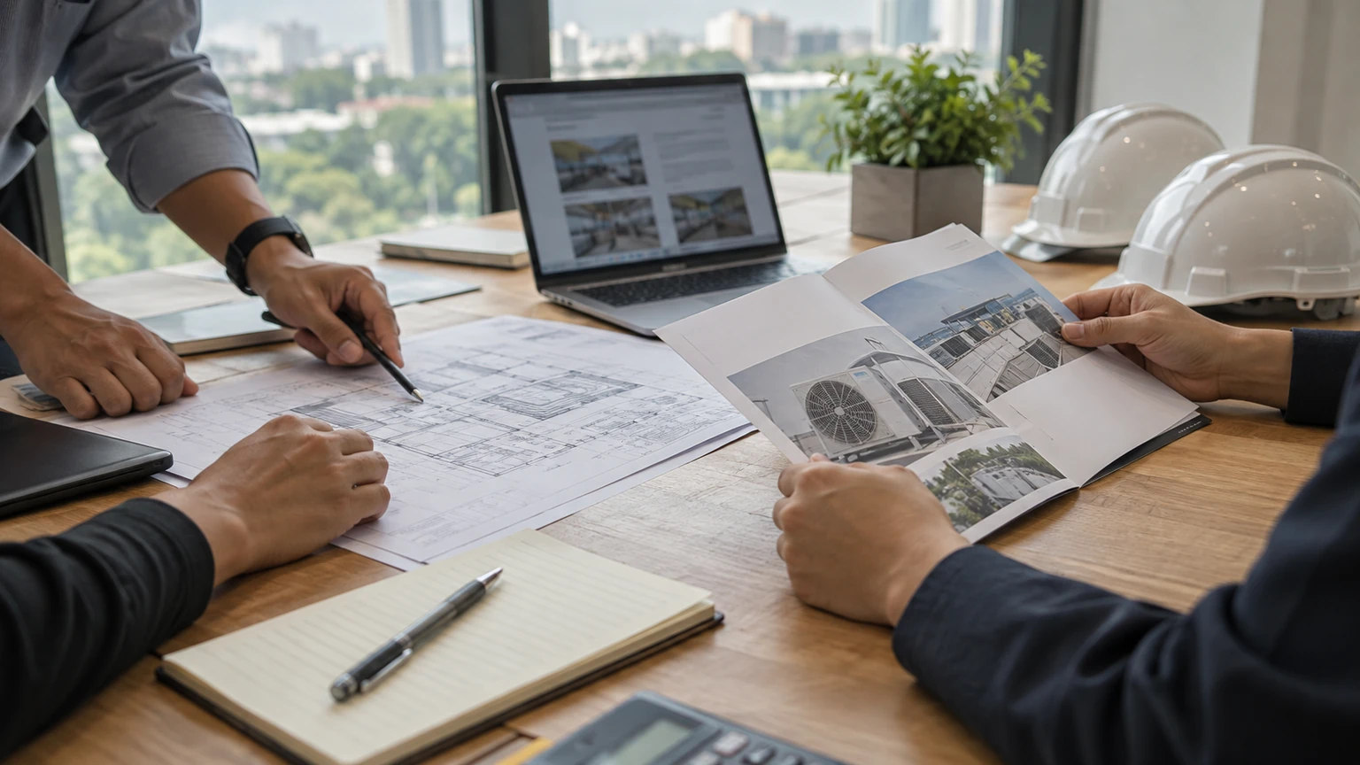 Maintenance service brochure and commercial site plan reviewed together during campaign planning.
