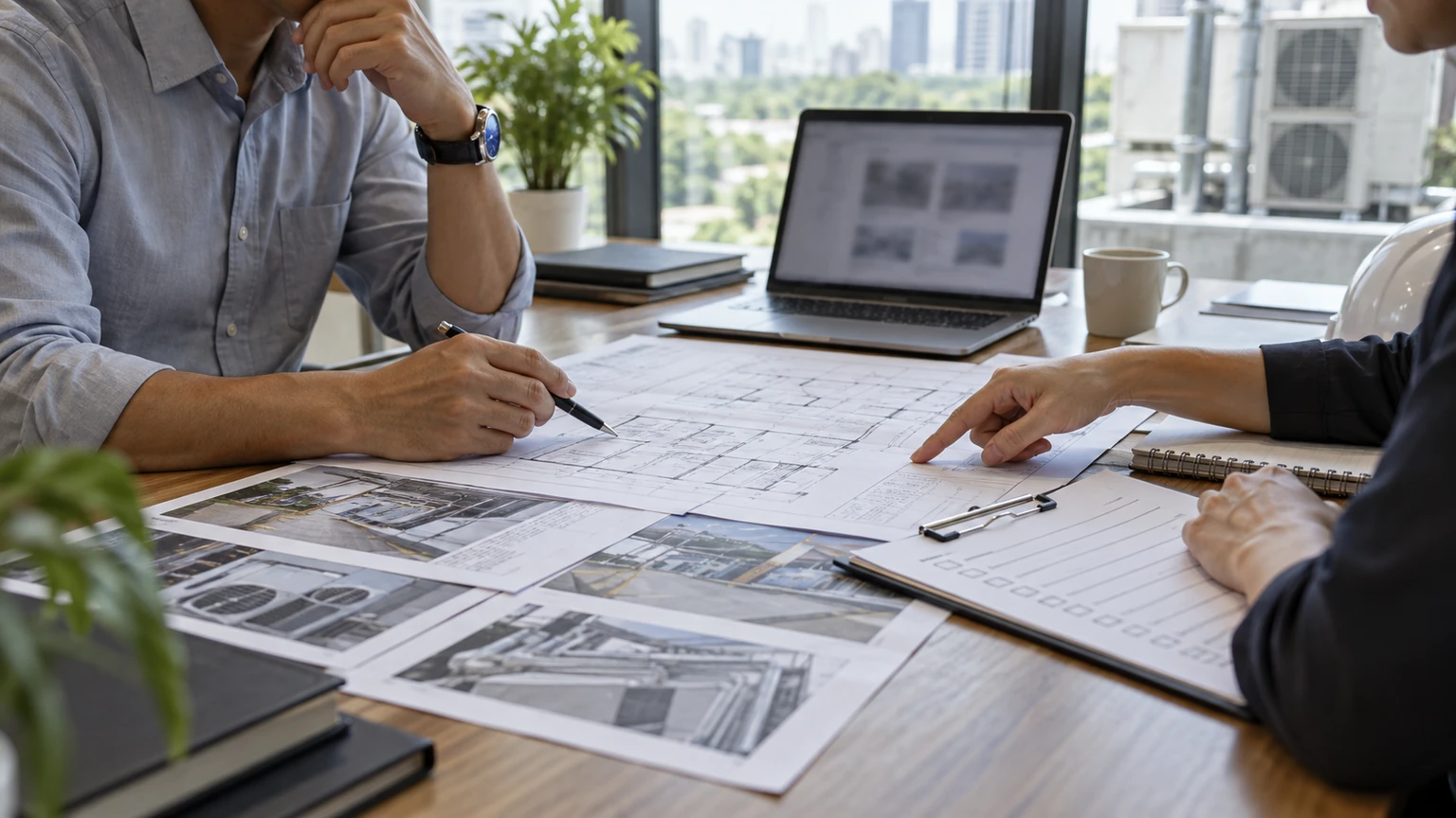 Service checklist and commercial floor plan reviewed for facilities and procurement questions.