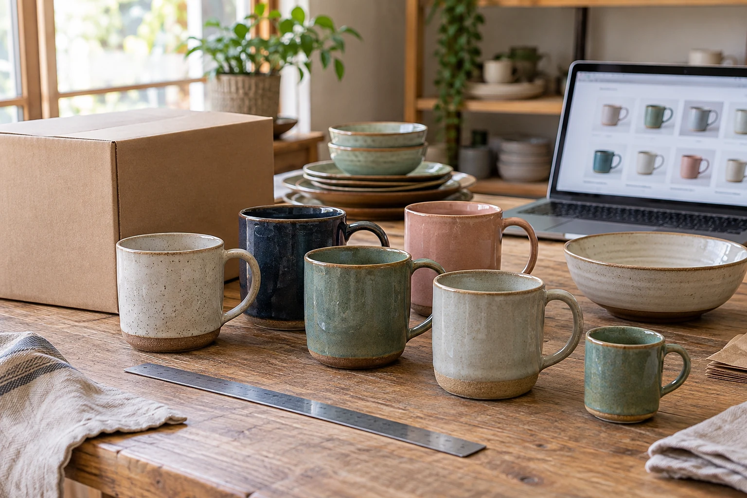 Contextual illustration of ceramic mugs, a measuring ruler, shipping carton and a mug catalogue.