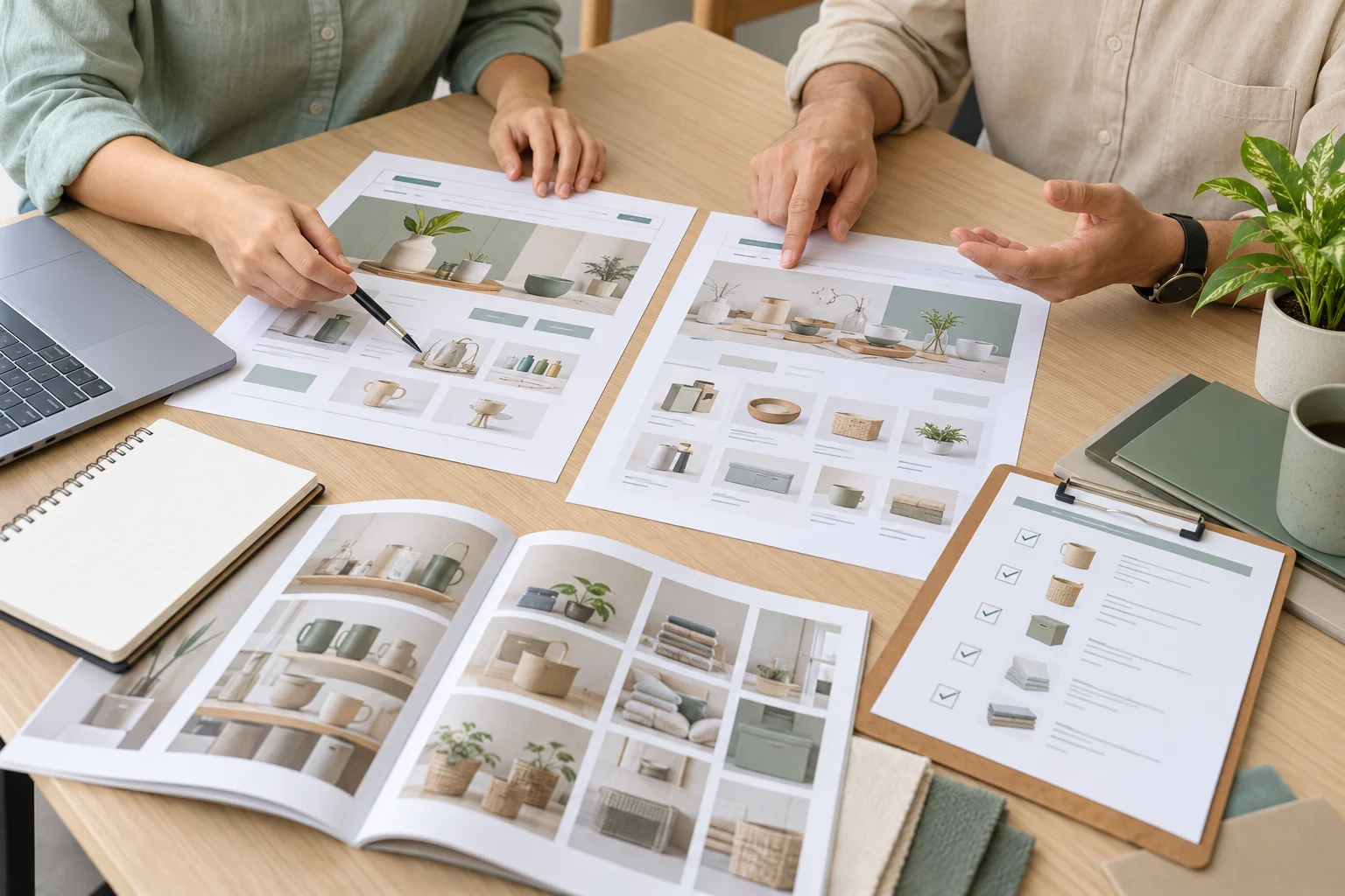 Contextual illustration of an anonymous supplier comparing market-page drafts and catalogue information.