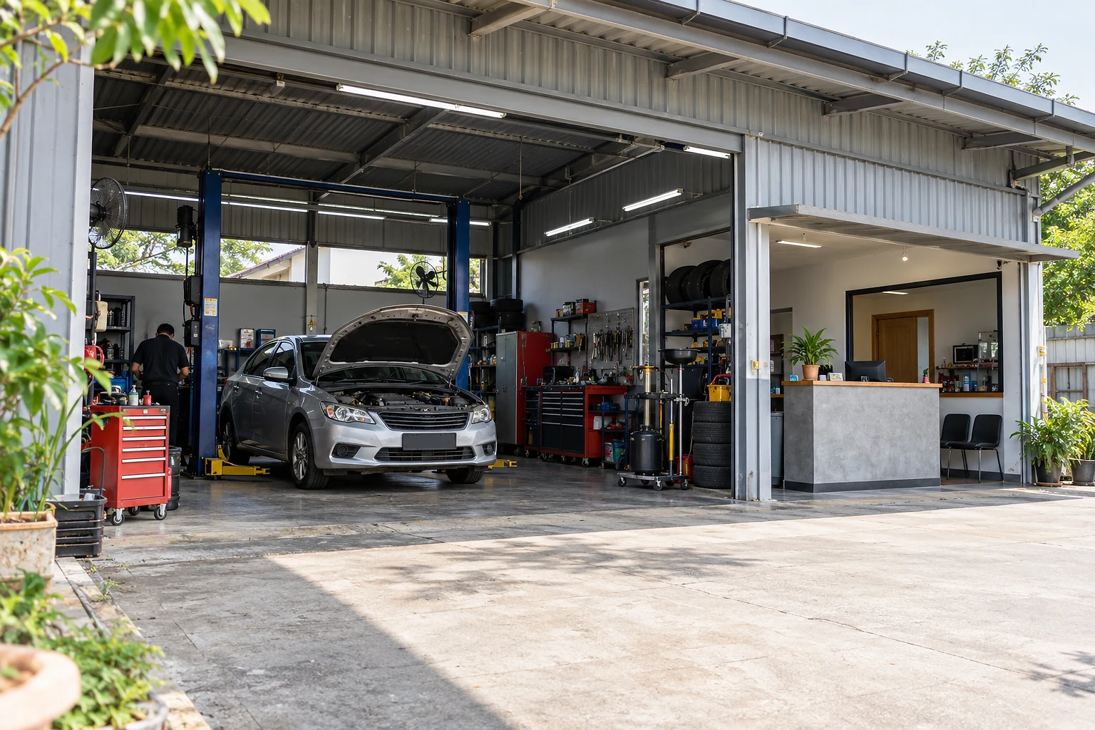 Contextual illustration of an independent car workshop with a service bay and customer reception.