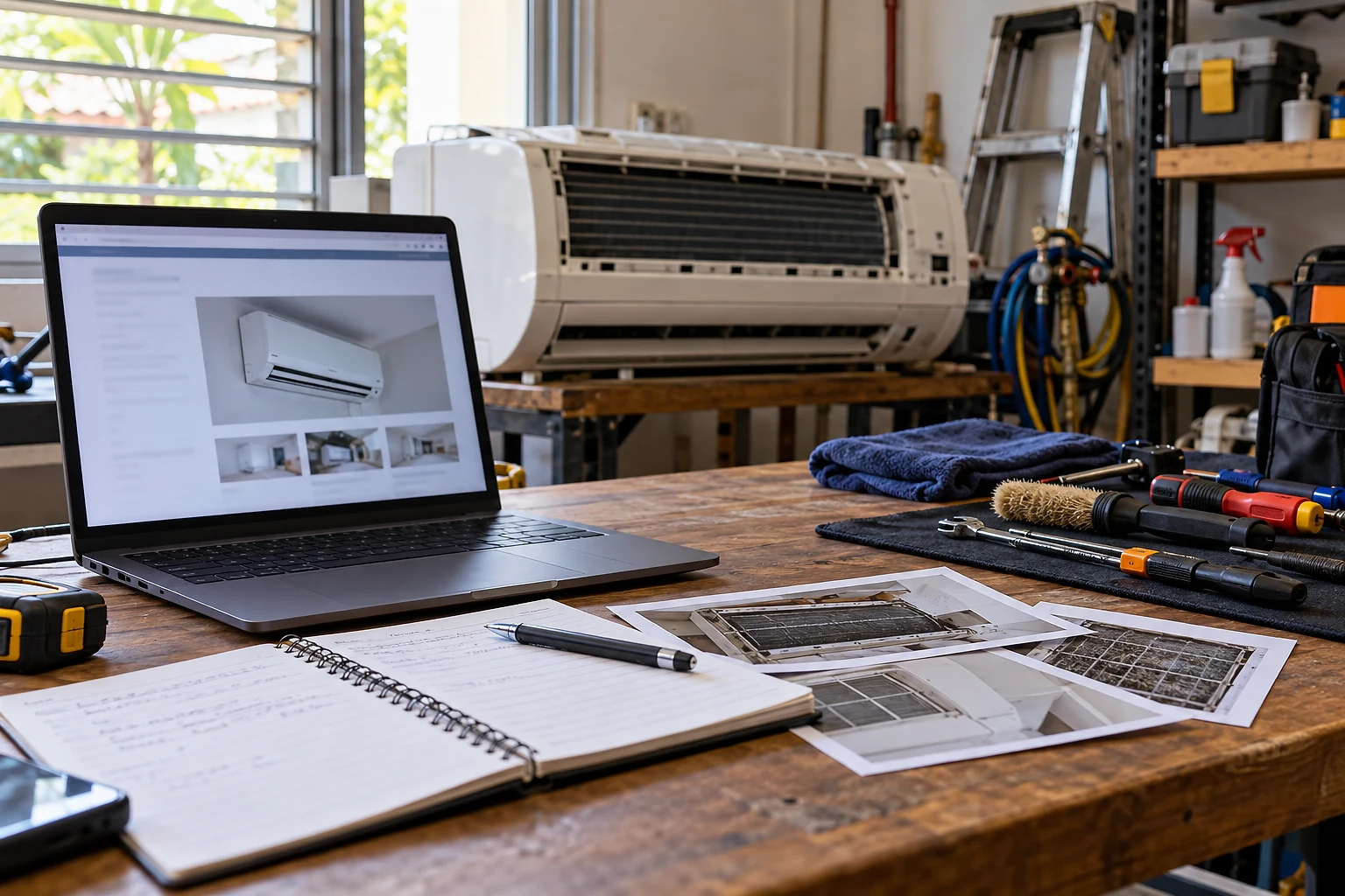 Contextual illustration of an air-conditioning unit, service tools and a website draft being reviewed.