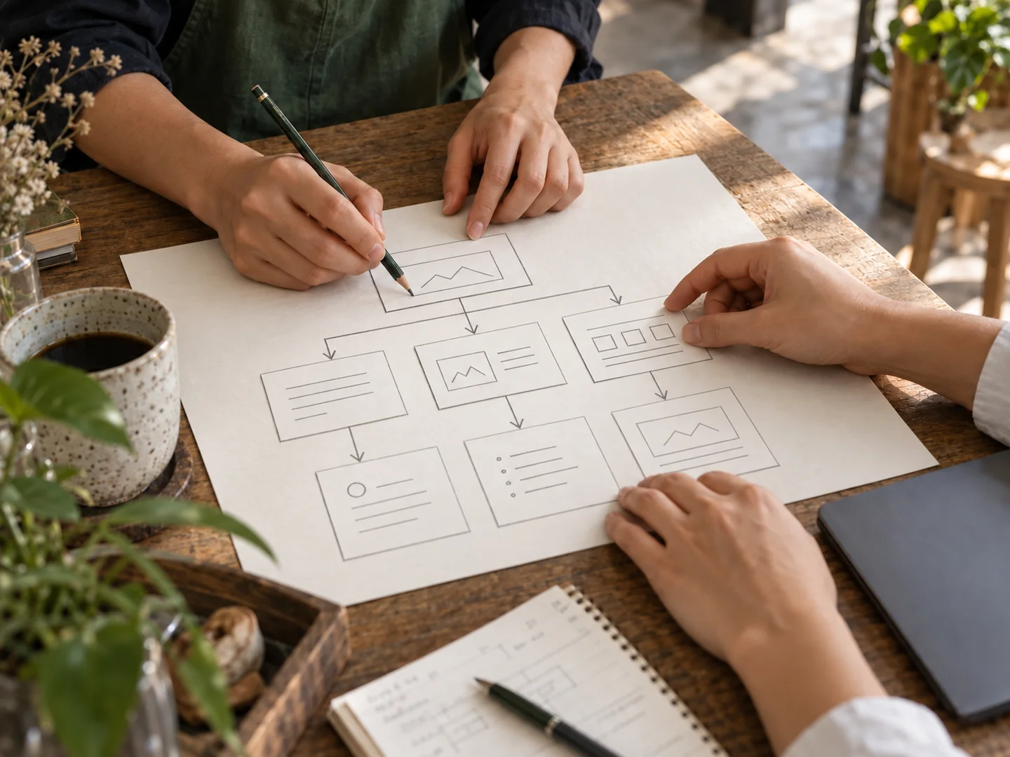 A contextual photograph of people planning related content pages on paper.