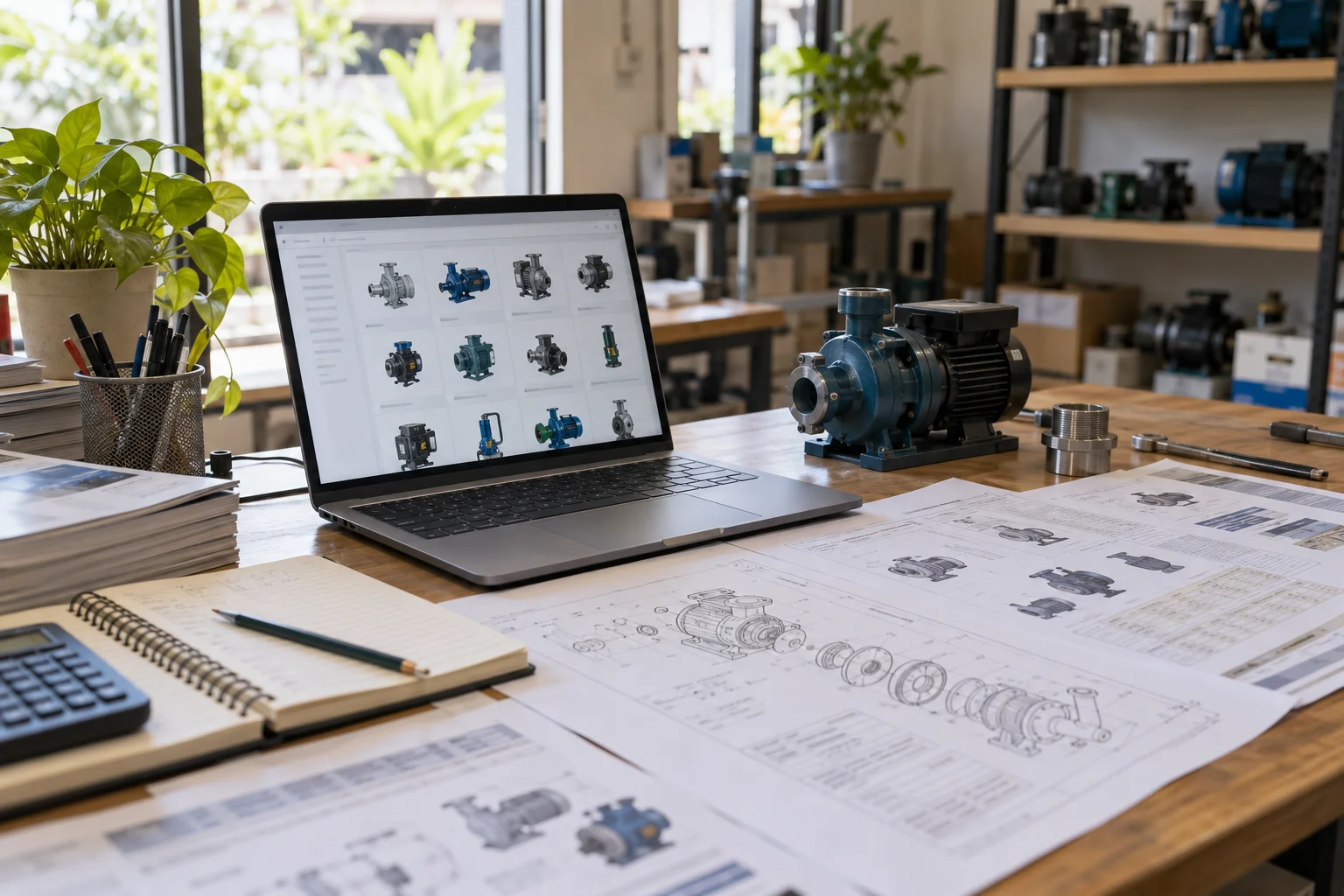 Contextual illustration of pump catalogue data and specification sheets being reviewed at a desk.
