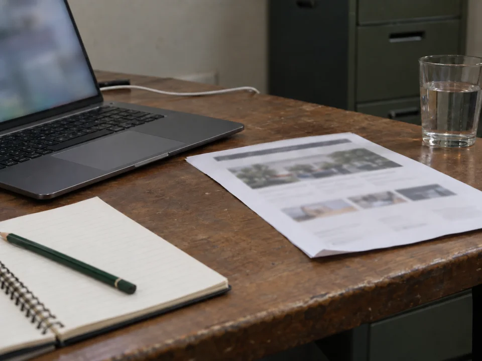 A used desk with a laptop, printed web page draft and blank notebook ready for website review.