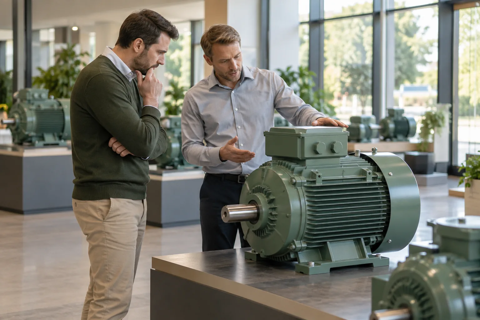 A visitor and supplier staff examining industrial equipment