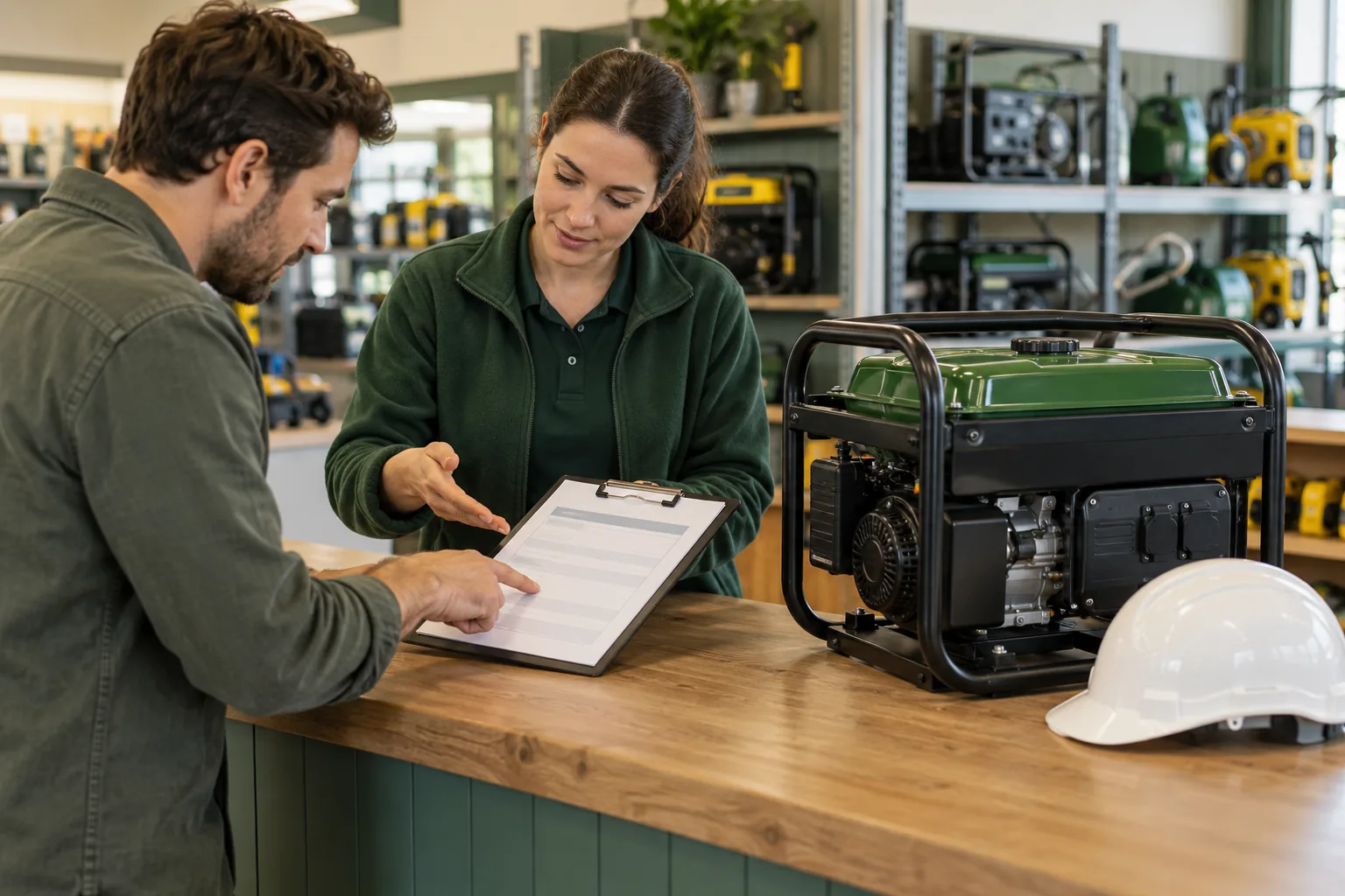A hire customer clarifying equipment requirements at a counter