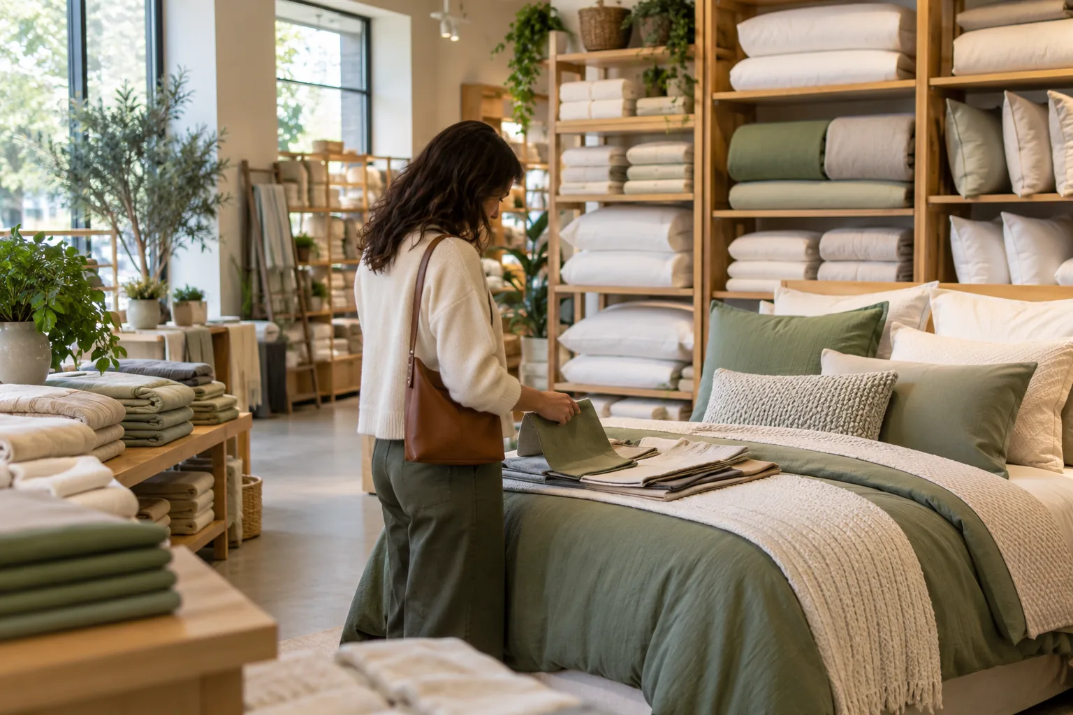 A shopper comparing bedding materials in a showroom