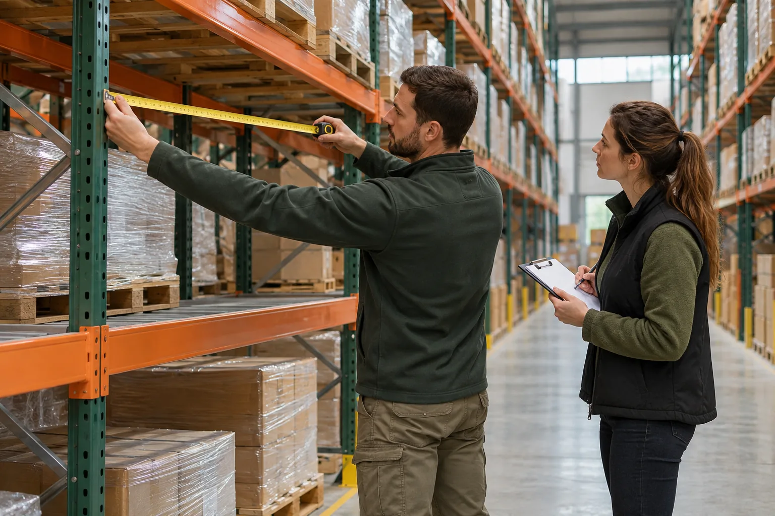 Two people checking warehouse racking dimensions