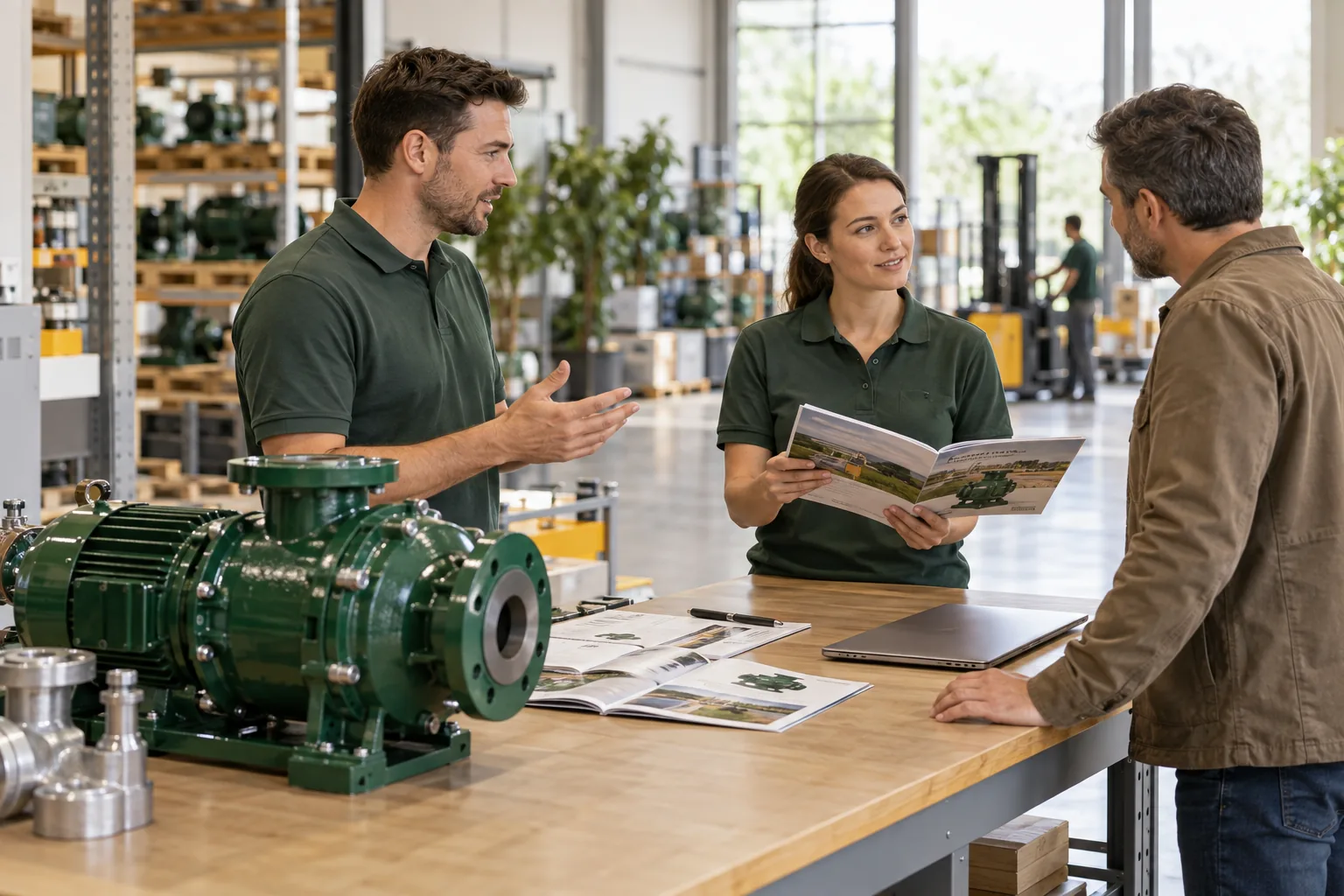 Equipment supplier staff discussing service coverage beside industrial equipment