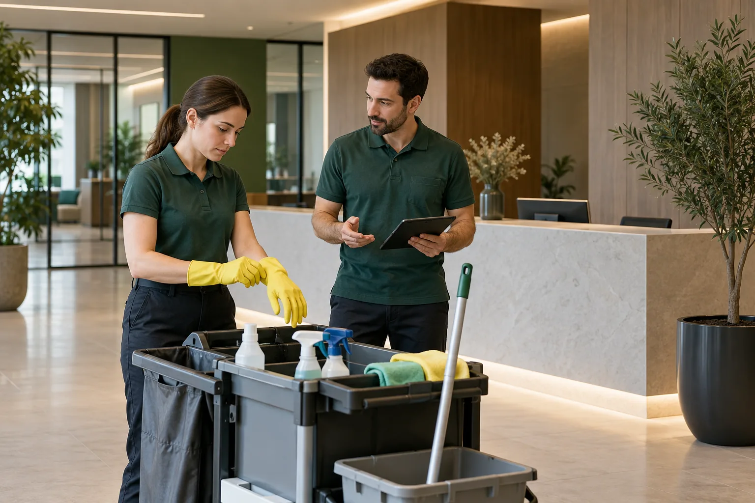 An office cleaning team preparing supplies for a site visit